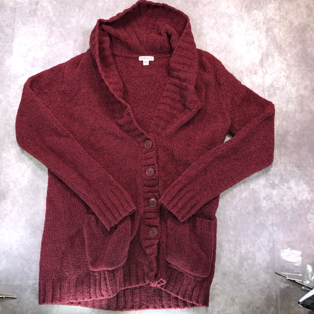 Merona Womens Burgundy Chenille Hooded Cardigan Sweater Size Medium M Wine Red